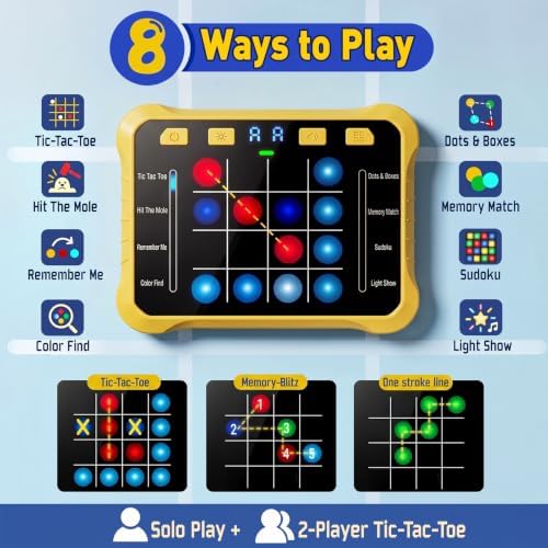 8-in-1 Electronic Handheld Games for Kids, W/ USB/LED Brain & Memory Games