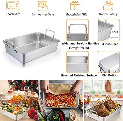 TeamFar Stainless Steel Roasting Pan, 16 Inch Large Turkey Roaster Pan