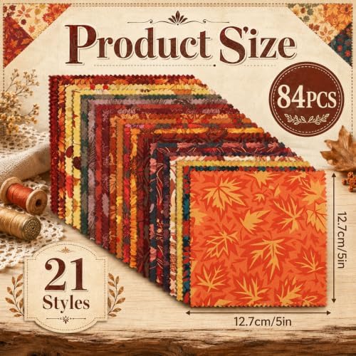 5 Inch Fall Cotton Fabric Squares, 84 Pack 21 Styles Autumn Charm Pack