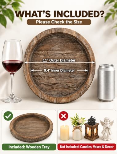 Hanobe Round Wooden Candle Holder Trays for Coffee Table, Distressed Finish