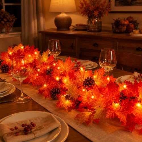 Fall Decorations Lighted Fall Garland with Pinecones and Berries