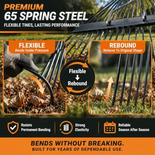 Rake for Leaves,24-Tine High-Resilience Steel-Toothed Extra-Wide Leaf Rake