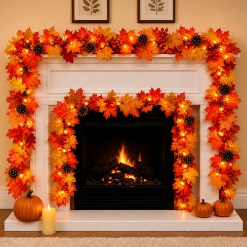 Fall Decorations Lighted Fall Garland with Pinecones and Berries