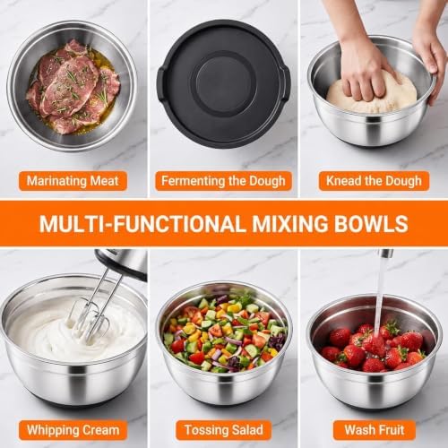 21 PCS Black Mixing Bowls with Lids Set, Size 4.5, 4, 3.5, 2.1, 1.5, 1.1 QT for Baking
