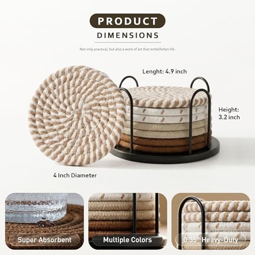Lazebox Coasters Set of 8 for Drinks, 4 Inch Large Coasters for Coffee Table