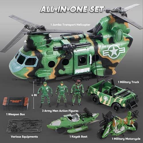 JOYIN 10-in-1 Military Helicopter Toys Set with Light, Sound, Trucks, Boat, Bike