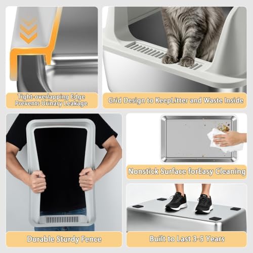 Stainless Steel Cat Litter Box - High Side Pan with Anti-Tracking Step