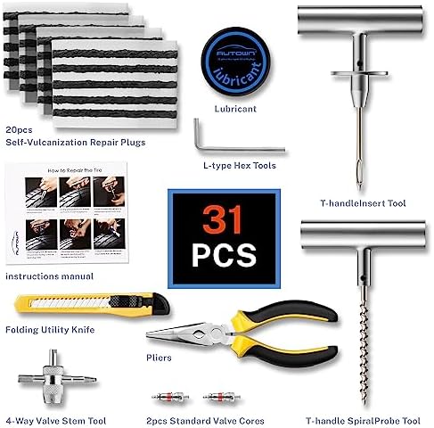 Flat Tire Repair Kit with Plugs 31pcs, Professional Tire Plug Kit