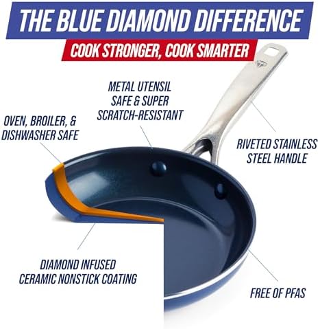 Blue Diamond 8" Diamond Infused Ceramic Nonstick Frying Pan Skillet, Blue