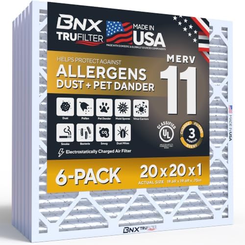 BNX TruFilter 20x20x1 Air Filter MERV 11 Allergy, Dust & Pet Defense 6-Pack