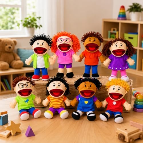 Fun Express Hand Puppets for Kids, 8 Multicultural, 14 Inch
