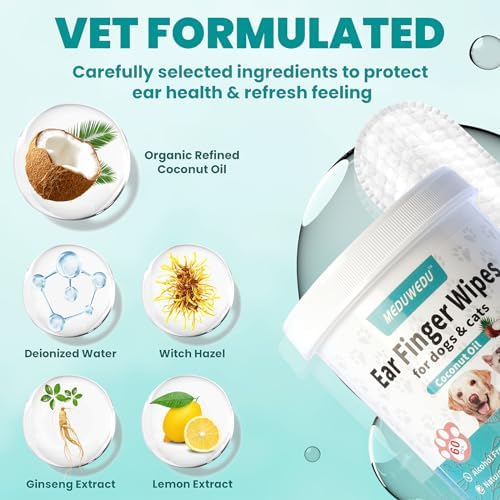 Ear Cleaner Finger Wipes 60 Counts, Dog Ear Cleaner, Grooming Kit Care for Dogs and Cats