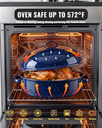 Turkey Roasting Pan with Lid & Rack, 18" Enamel Large Roaster Pan Set