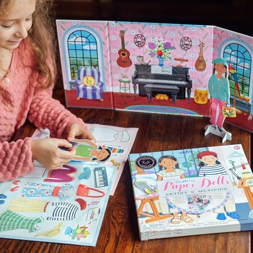 eeBoo Musician and Artist Paper Dolls Set - Reusable Dress-Up Play with Stand-Up Scene