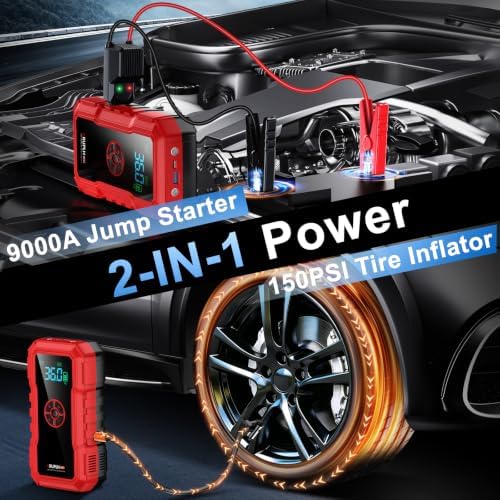 Portable Car Battery Jump Starter with Air Compressor - 9000A 150PSI
