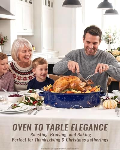 Turkey Roasting Pan with Lid & Rack, 18" Enamel Large Roaster Pan Set