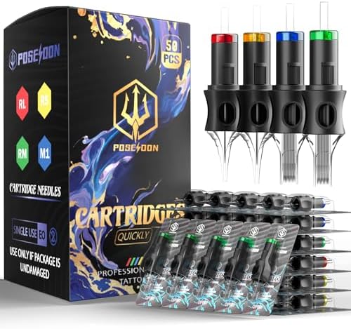 POSEIDON 50PCS Tattoo Cartridge Needles Assorted Mixed Size #12 Round Liner Shader Magnum