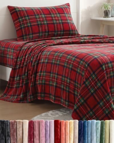 Fleece Sheets Twin XL Size Set - 3-Piece Velvet Flannel Sheet Set - Tartan