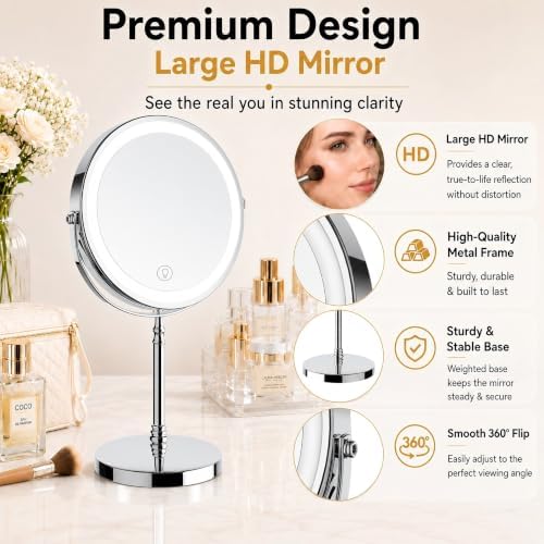 DEIOVWXS Makeup Mirror, Rechargeable Vanity Mirror with 3 Lights, 1X/10X