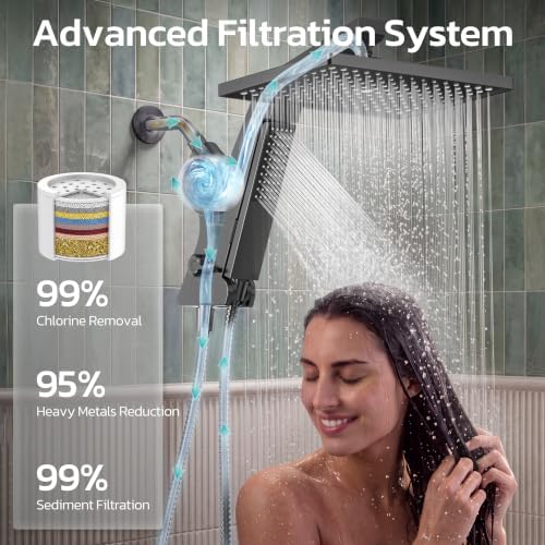 JDO 12-Inch Filtered Rain Shower Head with Handheld Spray Combo Matte Black