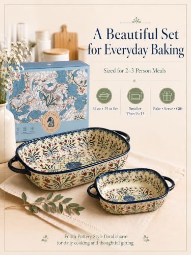 2-Piece Hand-Painted Polish Pottery Style Ceramic Baking Dish Set