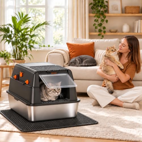 Stainless Steel Litter Box with Lid, Extra Large Enclosed Cat Litter Box for Big Cats