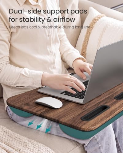 SONGMICS Laptop Lap Desk with Cushion, Brown PVC Leather, Fits 15.6" Laptop