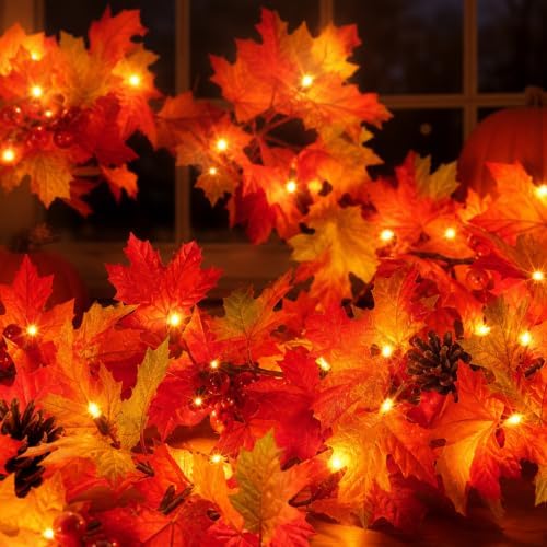 Fall Decorations Lighted Fall Garland with Pinecones and Berries