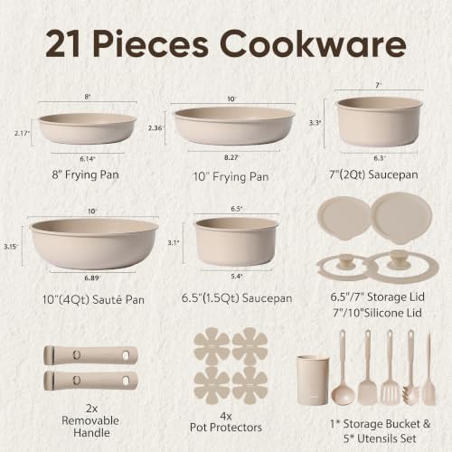 CAROTE 21pcs Pots and Pans Set Non Stick, Detachable Handle Cookware Sets