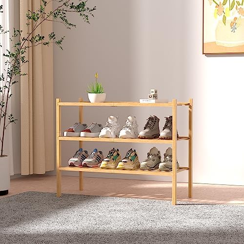 ROMGUAR CRAFT 3 Tier Bamboo Shoe Rack for Closet Free Standing Wood Shoe Shelf Storage