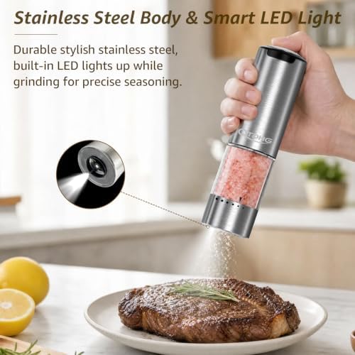 Electric Salt and Pepper Grinder Set Type-C Charging, 6 Levels, LED Light