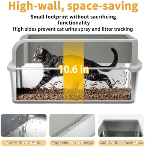 Stainless Steel Cat Litter Box - High Side Pan with Anti-Tracking Step