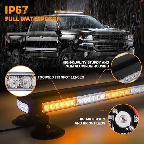 37" 104 LED Roof Strobe Light Bar, Top Amber White Strobe Lights