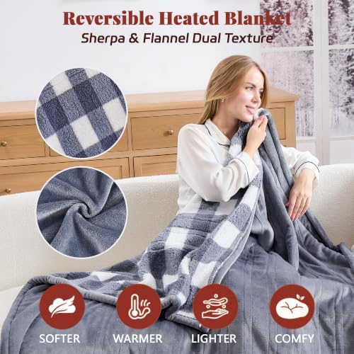 Heated Blanket Twin 62x84, Flannel & Sherpa, 6 Heat Levels 1-12H Timer