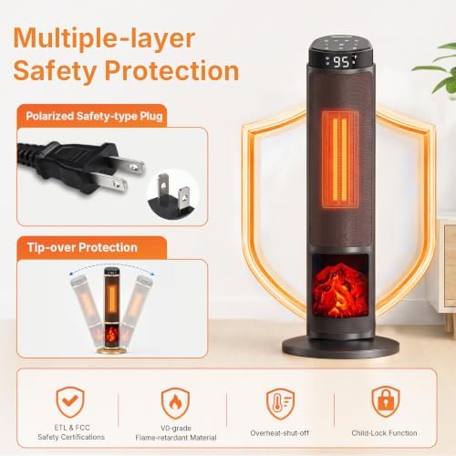 OLIXIS 23" Space Heater for Indoor Use, 70° Oscillation, 4 Modes