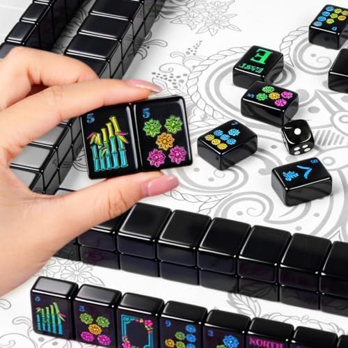 162 Black American Mahjong Tiles Set & Storage Bag, Dice, 1.2" Travel Gift