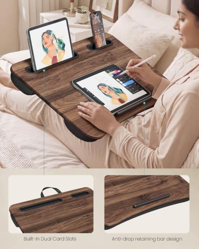 SONGMICS Laptop Lap Desk with Cushion, Brown PVC Leather, Fits 15.6" Laptop
