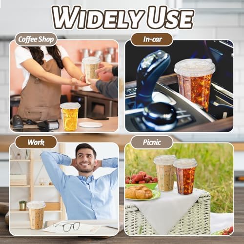 Qinsihwn 20 oz Clear Plastic Cups with Strawless Sip Lid