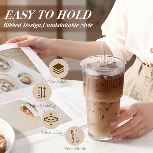 Iced Coffee Cups with Lids,Glass Cups with Lids and Straws,4 Coffee Tumbler