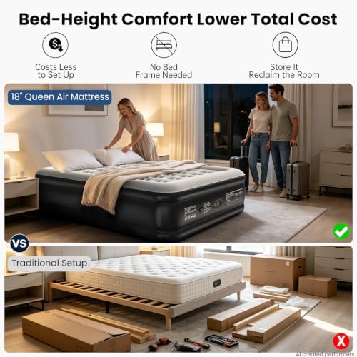 OhGeni Air Mattress Queen with Built in Pump, 18" Raised Blow up Bed, 800lb