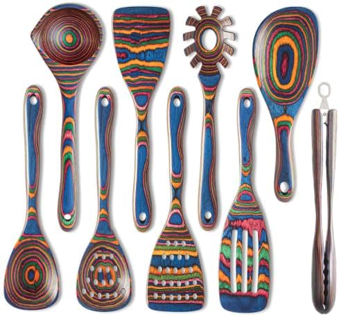 9-Piece Blue Pakkawood Cooking Utensil Set,Soup Ladle with Pour Spout and Wooden Tongs