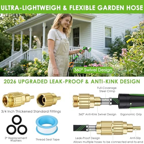 100 ft Non-Expanding Garden Hose, 360° Anti-Kink Swivel Fittings