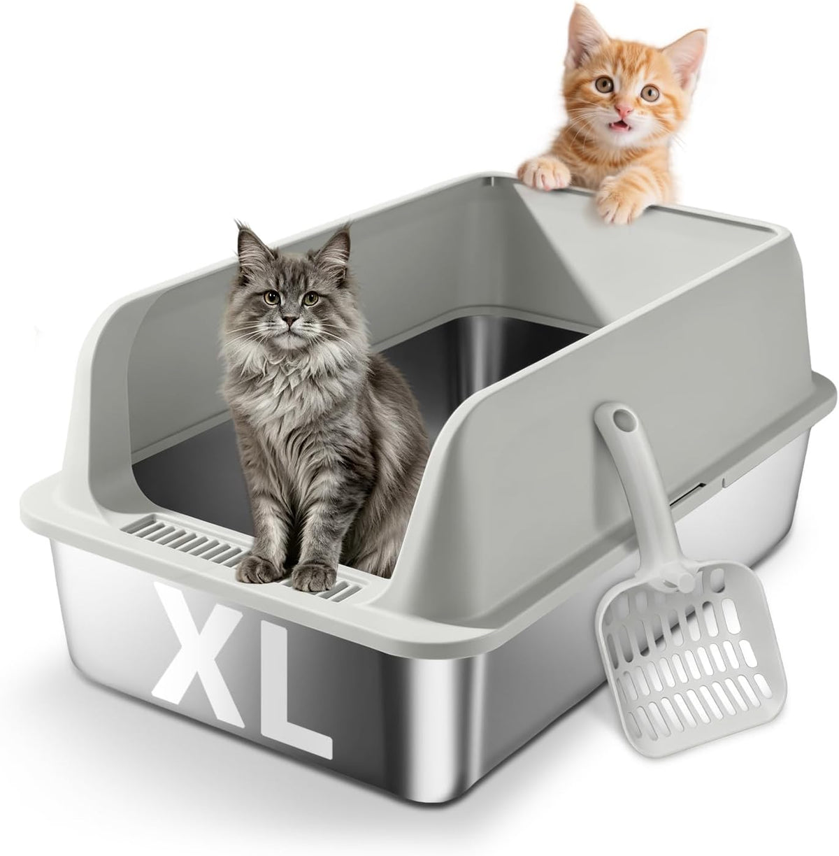 Stainless Steel Cat Litter Box - High Side Pan with Anti-Tracking Step