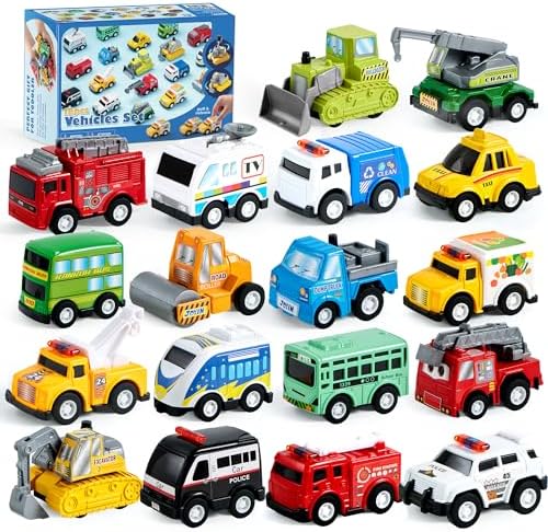JOYIN 18 Pcs Pull Back City Cars and Trucks Toy Vehicles Set