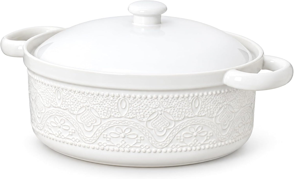 FE Casserole Dish with Lid, 2 Quart Ceramic Baking Dish, Bright White