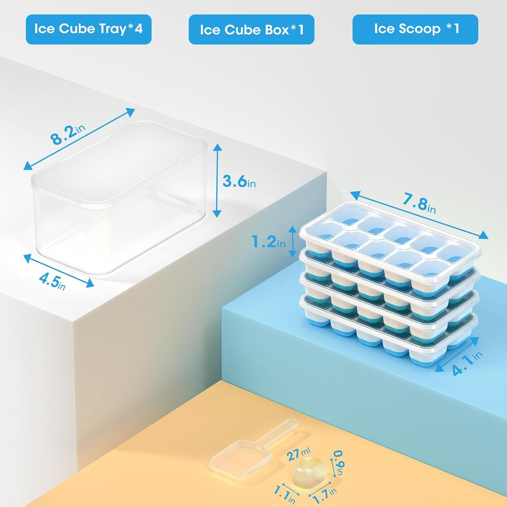 DOQAUS Ice Cube Tray with Lid and Bin - 4 Pack Silicone Ice Cube Trays