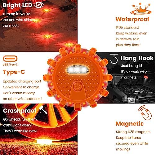 USB-C Rechargeable LED Road Flares Emergency Lights for Vehicles