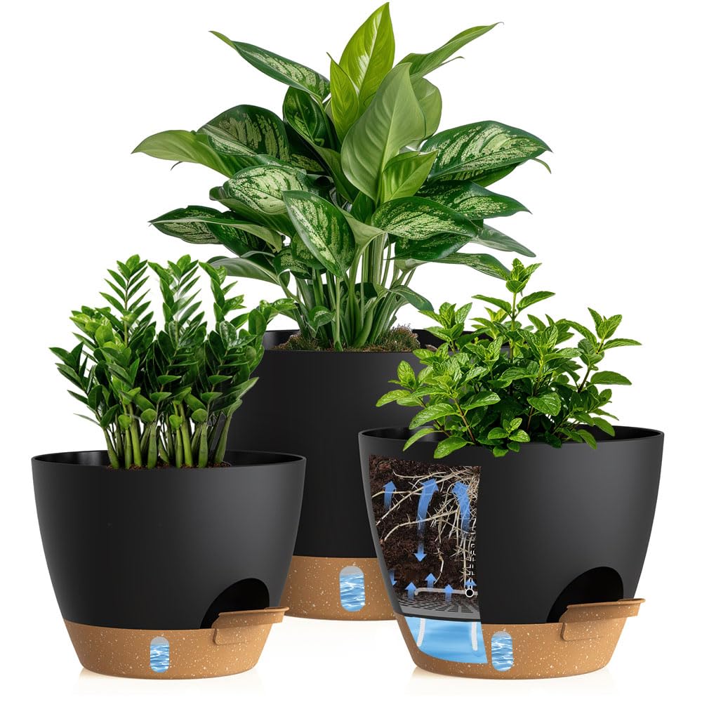 Self Watering Pots with Drainage Holes, 3 Pack 12/10/8 Inch Plant Pots