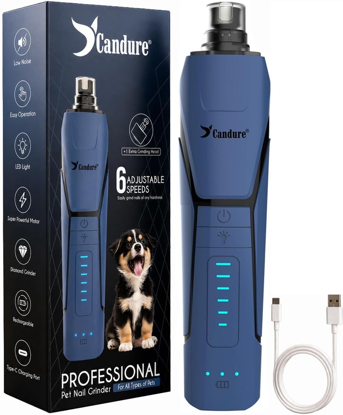 Candure Whisper Quiet Dog Nail Grinder with 360 Degree LED Light