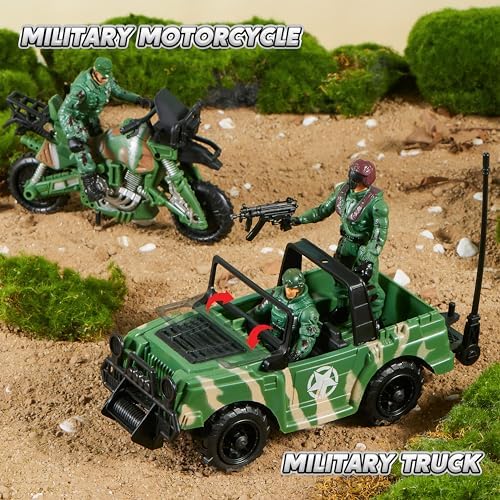 JOYIN 10-in-1 Military Helicopter Toys Set with Light, Sound, Trucks, Boat, Bike